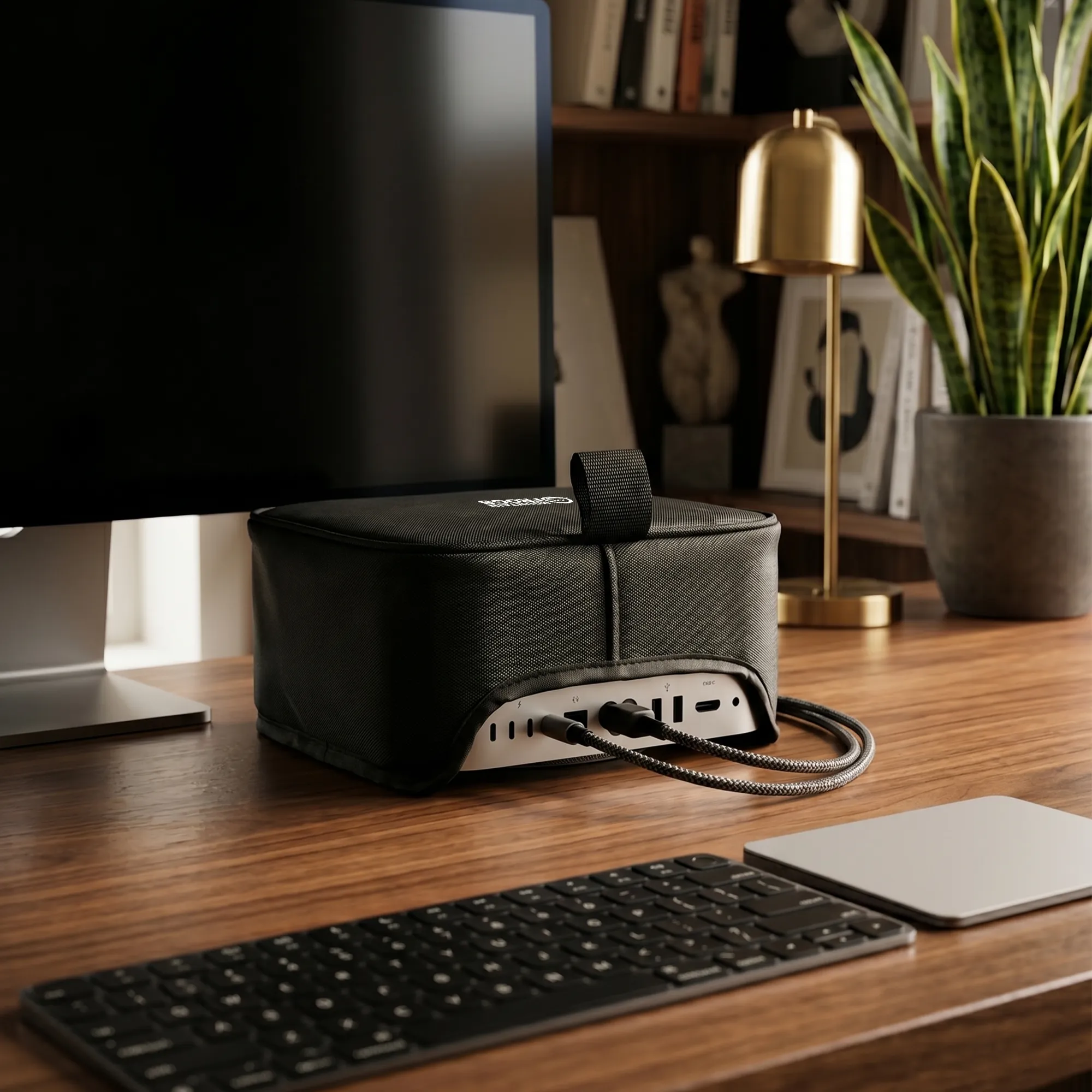 Cozy creative studio desk workspace aesthetic with a wooden tabletop, keyboard, green houseplant, and a protected Apple Mac Studio computer.